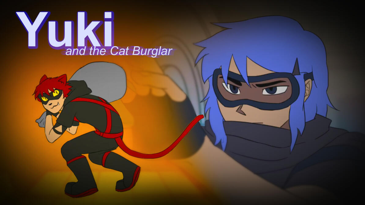 YouTube thumbnail with a title that reads "Yuki and the Cat Burglar." On the left, a red haired, red furred, cat boy cat burglar crouches with a bag over his shoulder. On the right, a close up of a young woman with blue hair and snow goggles over her eyes.