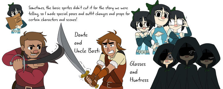 Text: Top left: "Sometimes, the basic sprites didn't cut it for the story we were telling, so I made special poses and outfit changes and props for certain characters and scenes!"; middle left: "Dante and Uncle Basti"; bottom right: "Glasses and Huntress"