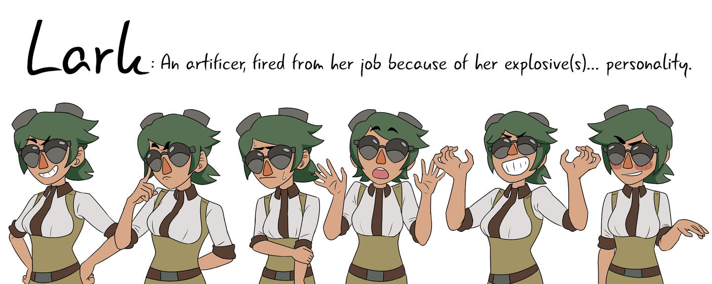 Lark Expressions Sheet Text: "Lark: An artificer, fired from her job because of her explosive(s)... personality." Image: A variety of expressions of a young woman with a yellow-green corset, short green hair with goggles atop her head, and very cool sunglasses.