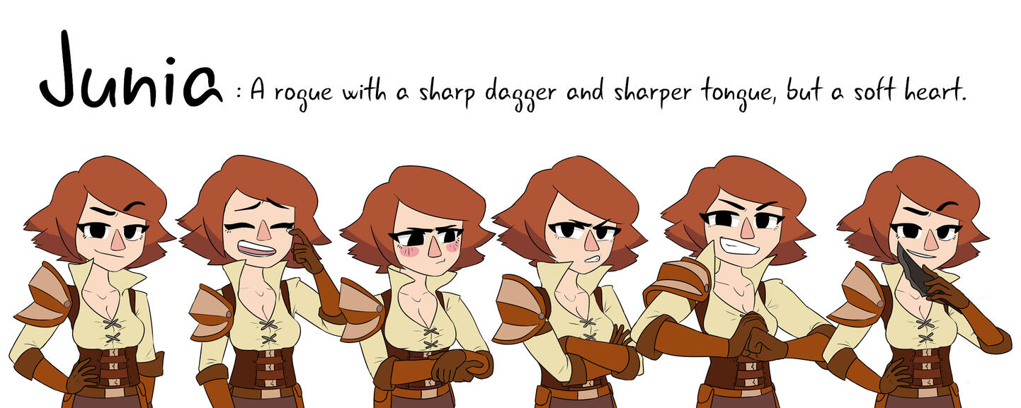 Junia Expressions Sheet Text: "Junia: A rogue with a sharp dagger and sharper tongue, but a soft heart." Image: A variety of expressions of a young swashbuckler rogue woman with an unbuttoned collar and leather armor.