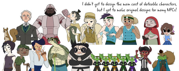 Text: "I didn't get to design the main cast of dateable characters, but I got to make original designs for many NPCs!" Image: 17 unique (21 overall) D&D character designs with many pop and meme culture references.