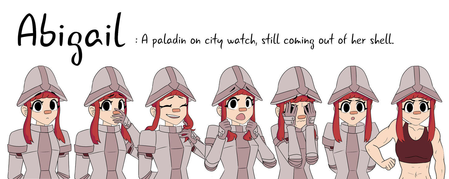 Abigail Expressions Sheet Text: "Abigail: A paladin on city watch, still coming out of her shell." Image: A variety of expressions of a young woman with long side bangs, tied up red hair, and full iron armor with a helmet.