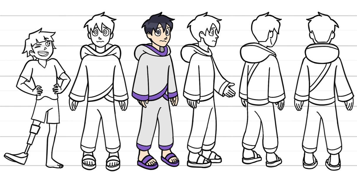Turnarounds of a nervous young boy wearing conspicuous white and purple robes. The young child protagonist stands on the left for scale.