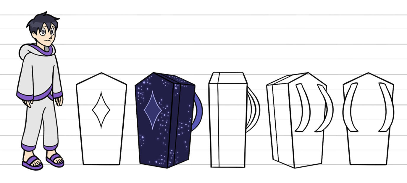 Turnarounds of the child cultist's coffin, with the child cultist for scale. It's midnight blue and purple, and covered in stars. It has backpack straps and a diamond insignia on the lid.