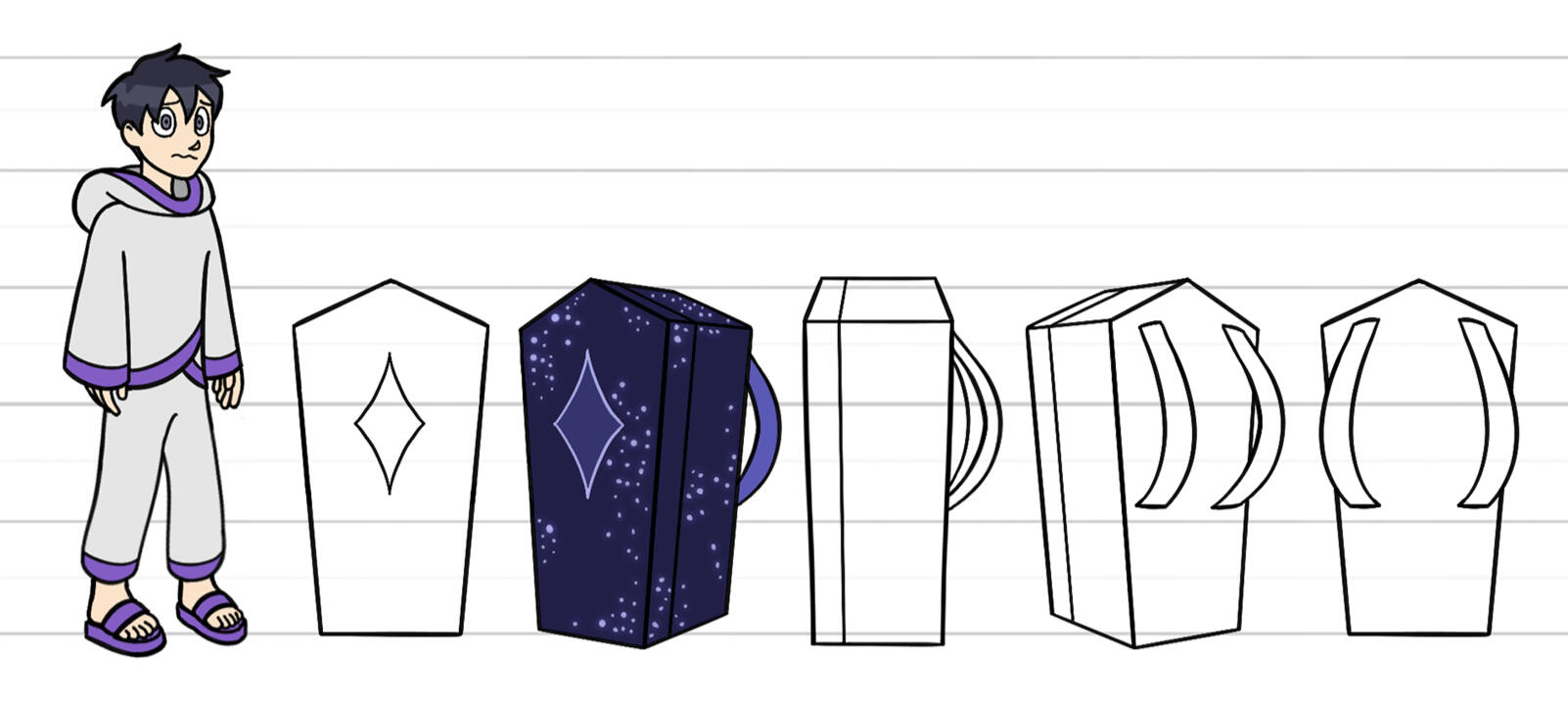 Coffin Prop Turnaround Turnarounds of the child cultist's coffin, with the child cultist for scale. It's midnight blue and purple, and covered in stars. It has backpack straps and a diamond insignia on the lid.