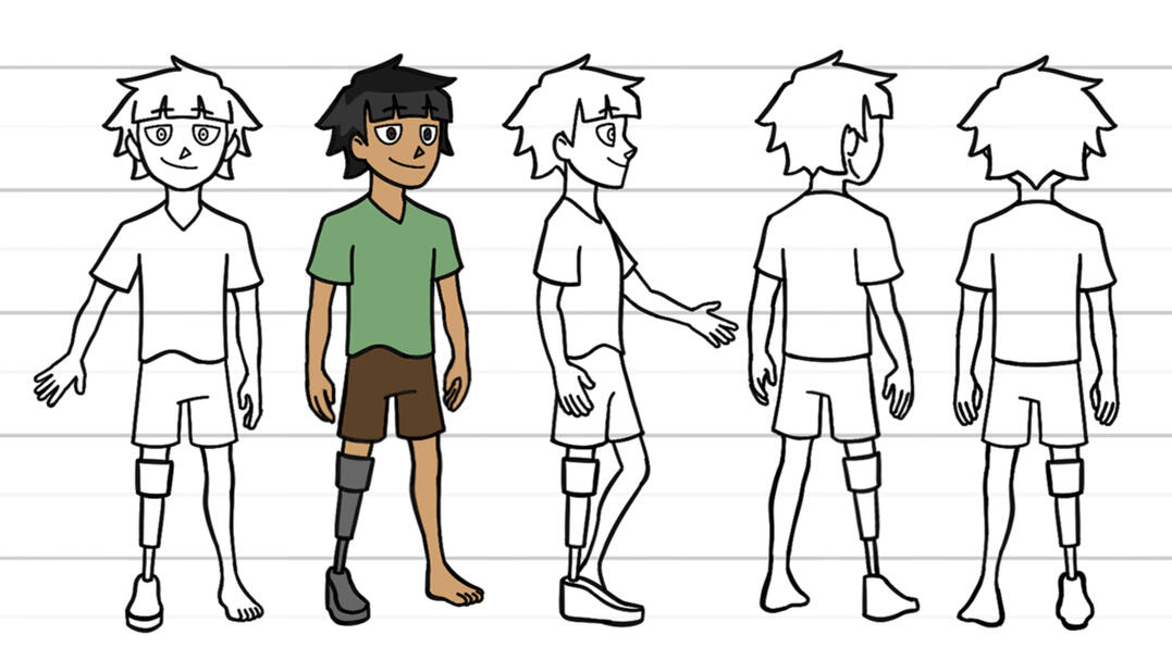 Turnarounds of a scrappy young child with short choppy black hair and a prosthetic leg.
