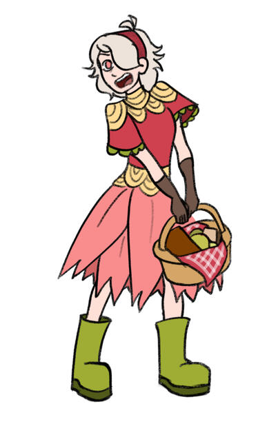A young woman in a strawberry themed dress, large green boots and brown gloves holds a heavy basket of food. She's yelling at something off screen, white bangs covering half her face and held back by a red headband.