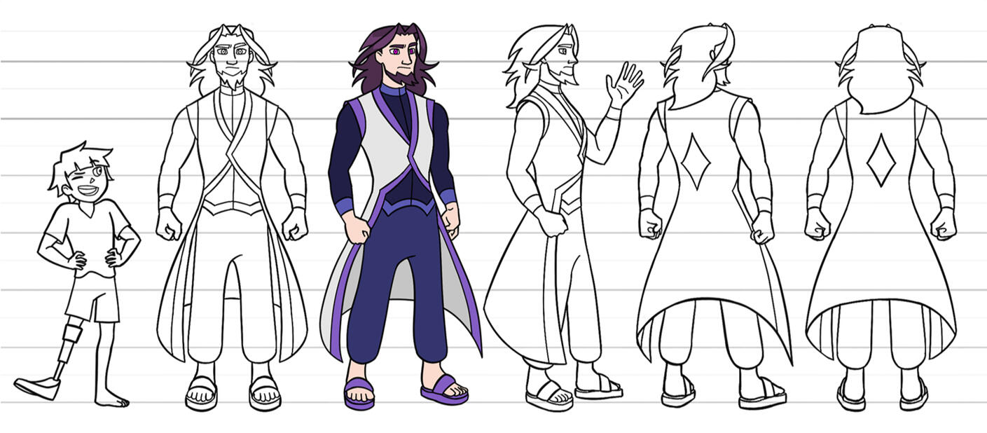 Turnarounds of a cult leader in a cape vest and purple motifs, long luscious purple hair, and a pointy beard. The young child protagonist stands on the left for scale.