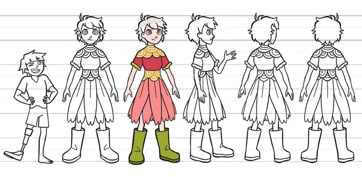 Turnarounds of a young teenage girl in a pink and red dress, and oversized green boots. She has pale pink eyes and fluffy white hair. The young child protagonist stands on the left for scale.