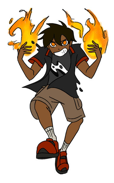 A young boy in red sneakers, short brown hair and fire in his hands. His eyes are bright orange and he grins mischievously. There is a hole in his chest, like his body isn't entirely corporeal.