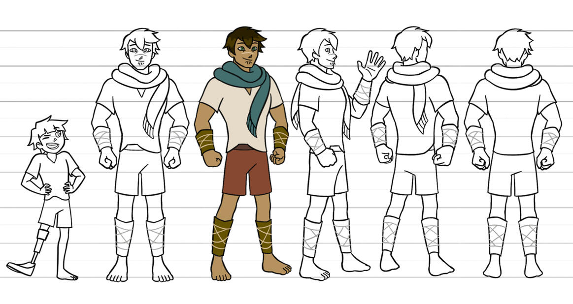 Turnarounds of a broad shouldered man with wraps around his wrists and ankles. He wears a tube-like scarf, has slit eyes and stubble below his lip, and a scar sits across the bridge of his nose. The young child protagonist stands on the left for scale.