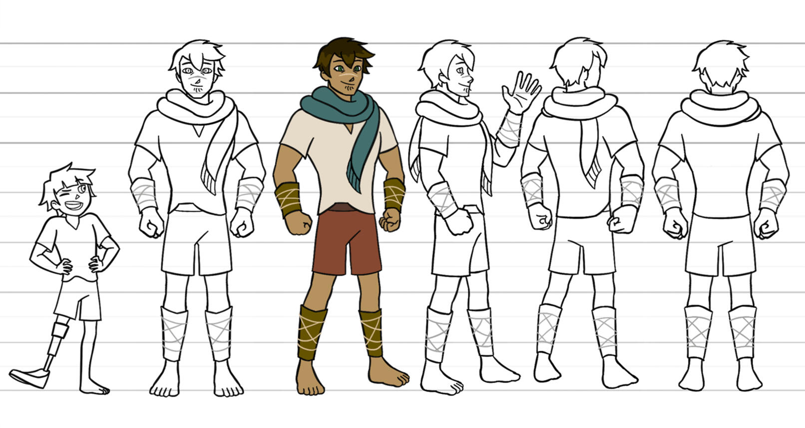 Dad Turnarounds Turnarounds of a broad shouldered man with wraps around his wrists and ankles. He wears a tube-like scarf, has slit eyes and stubble below his lip, and a scar sits across the bridge of his nose. The young child protagonist stands on the left for scale.