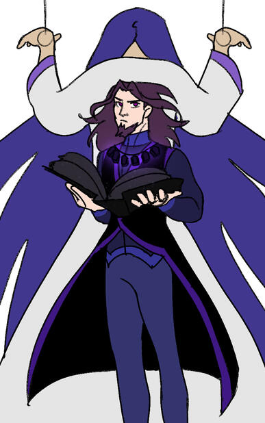 A cult leader in a black cloak, long luscious purple hair, and a pointy beard holds a book. A string of miniature coffins hangs around his neck. Behind him, a woman with a white robe and cascading purple hair is held up by puppet strings.