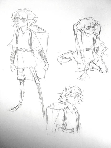 Sketches of a young teenage girl with a prosthetic leg and a coffin strapped to her back.