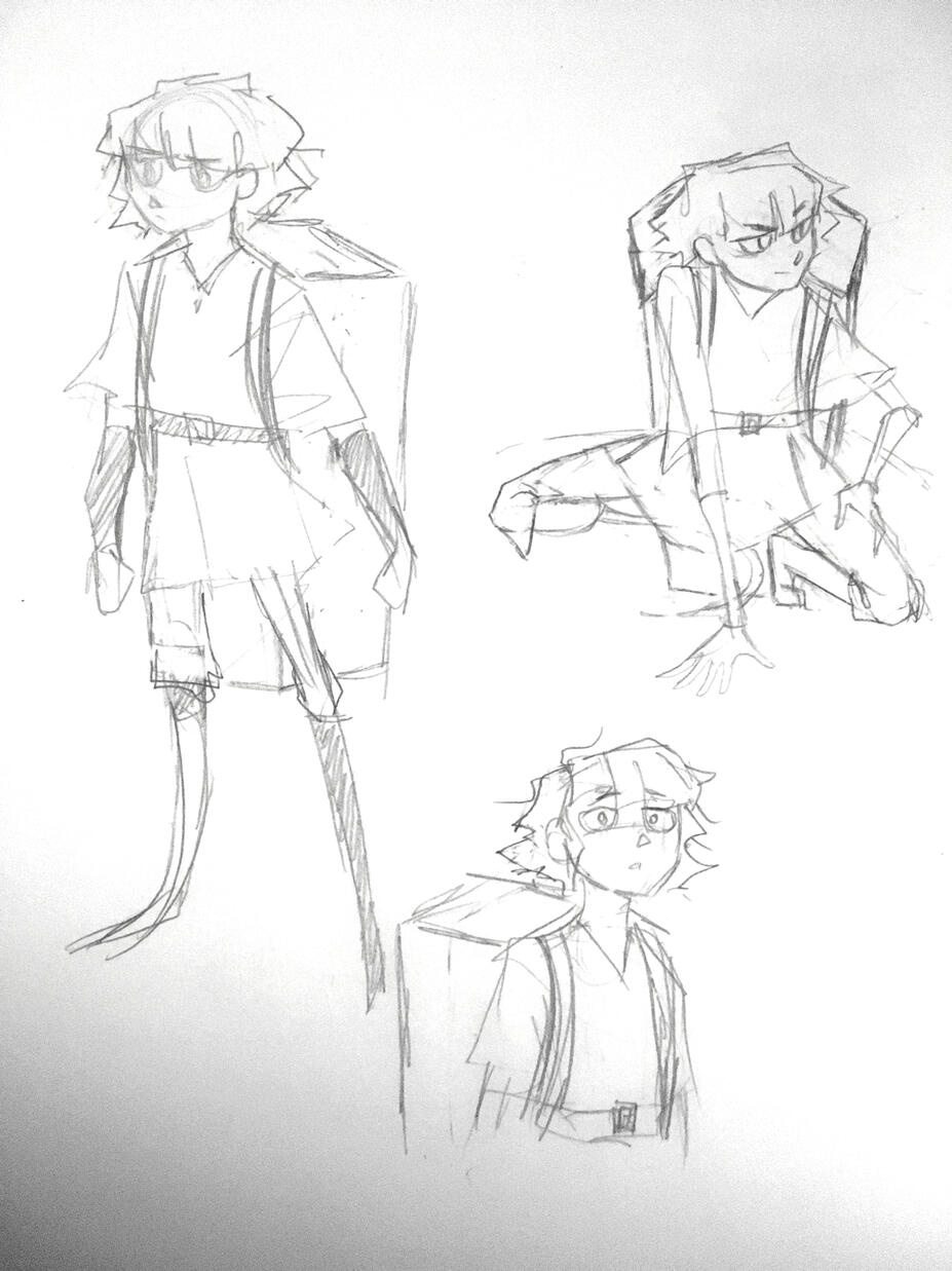 Protagonist Concept Art Sketches of a young teenage girl with a prosthetic leg and a coffin strapped to her back.