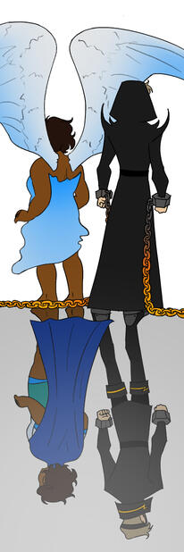 An angelic and demonic character standing side by side with their backs to the camera. Beneath them is a reflection of their past lives: a superhero and supervillain.