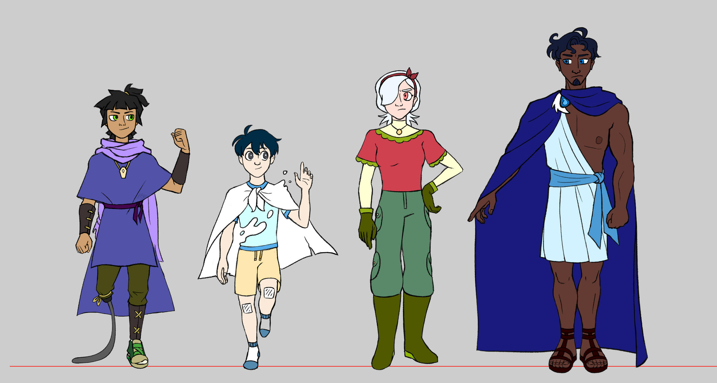 Character Lineup Four characters in a row, one in her mother's scarf, one a ghost, one who bears no cape, and one tall and handsome.