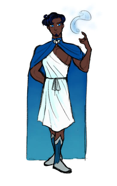A muscular dark skinned man with striking cerulean eyes, styled wavy short hair, a toga, and a blue cape that falls evenly to the floor. He's bending water with a practiced hand.