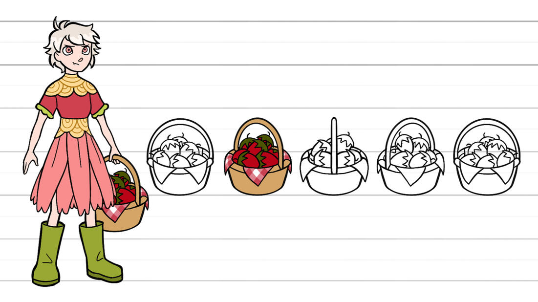 Turnarounds of a strawberry basket, with the teenage girl holding the basket for scale. The basket is simple with a red plaid handkerchief and big red strawberries piled within.