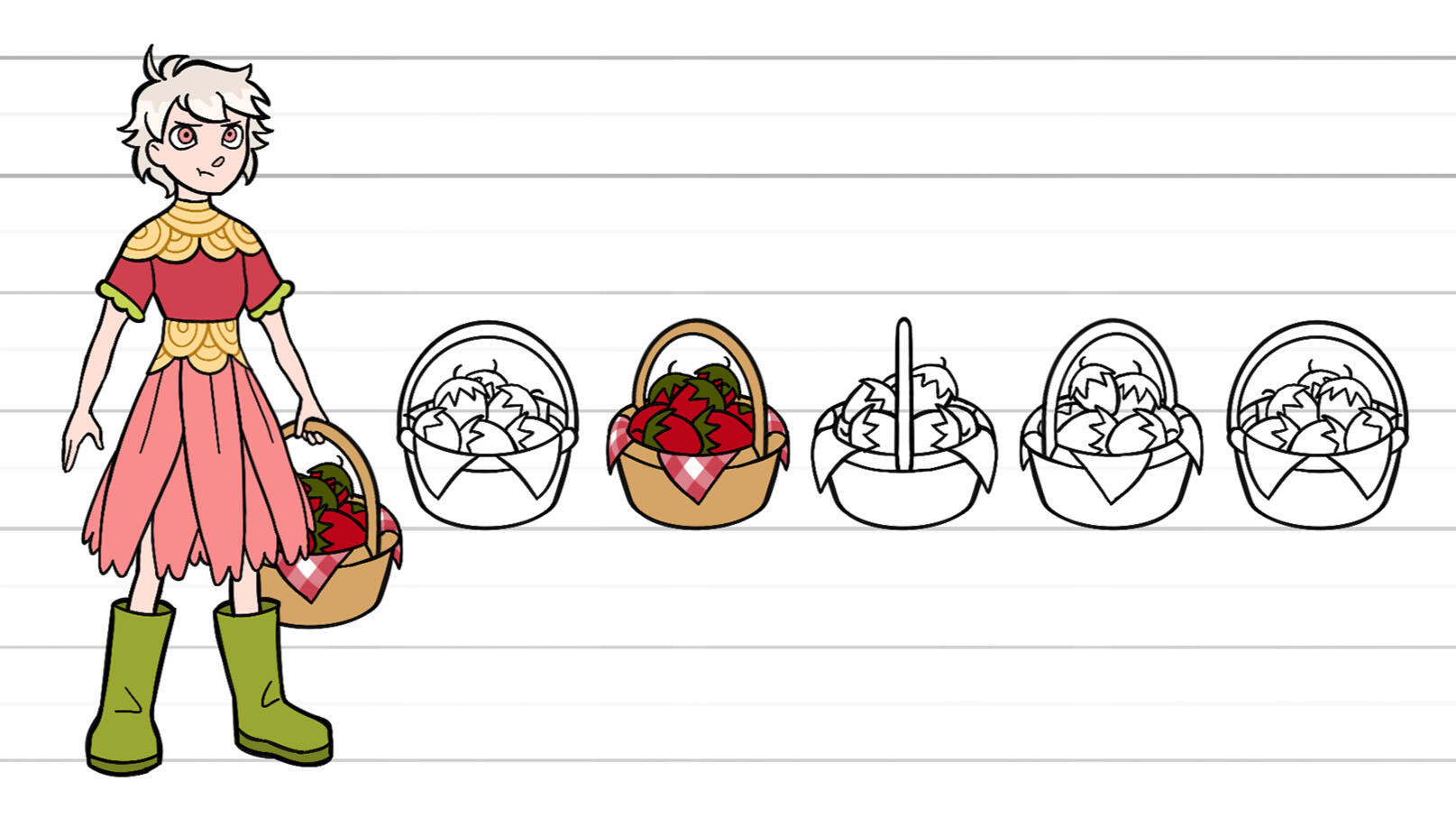Strawberry Basket Turnaround Turnarounds of a strawberry basket, with the teenage girl holding the basket for scale. The basket is simple with a red plaid handkerchief and big red strawberries piled within.