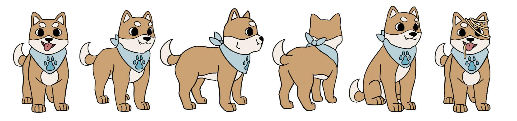 Turnarounds of a Shiba Inu puppy with a light blue bandana decorated with a blue paw print. One front facing image includes noodles on his head and in his mouth.