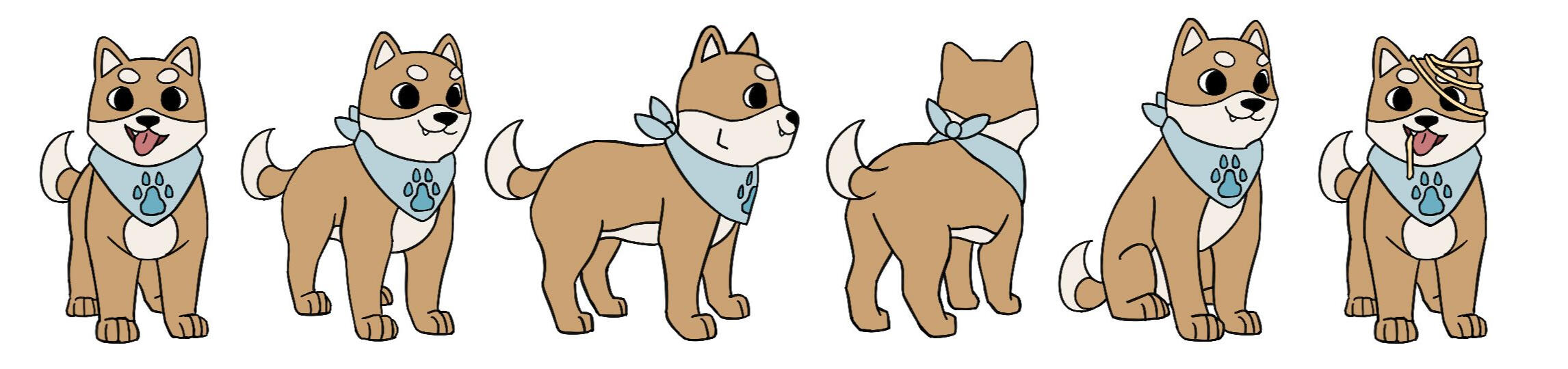 Puppy Turnarounds Turnarounds of a Shiba Inu puppy with a light blue bandana decorated with a blue paw print. One front facing image includes noodles on his head and in his mouth.