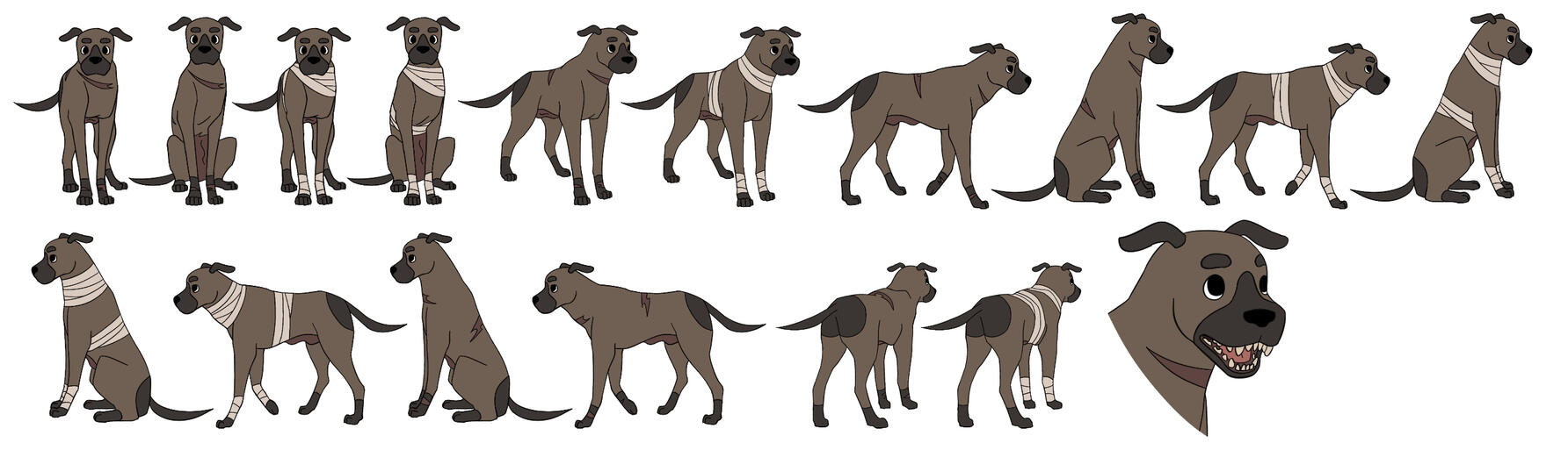 360 turnarounds of a brown stray dog, alternating bandages and scars, as well as standing and sitting positions. One close up of the dog's face shows the dog's mouth and teeth.