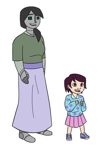 A nanny android with significantly robotic features like a metal nose and black and green rimmed eyes, and a little girl in a polka dot sweater, a pink skirt, and itty bitty purple Velcro sneakers.