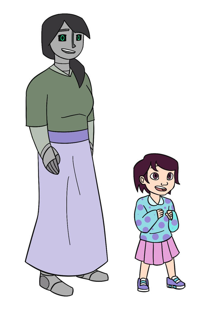 Cafe NPCs A nanny android with significantly robotic features like a metal nose and black and green rimmed eyes, and a little girl in a polka dot sweater, a pink skirt, and itty bitty purple Velcro sneakers.