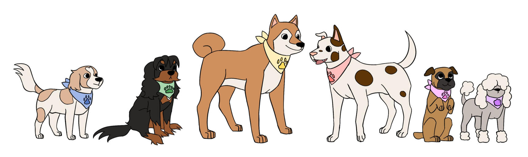 A variety of dogs in different colored bandanas, all with their own custom paw print. One of them has a bear paw print instead of a dog paw print, and one poodle with fluffy paws has just a blob on its bandana.
