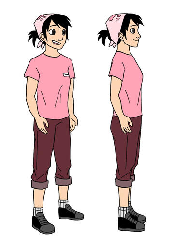A side facing and three quarter view of a cafe worker. Her hair is black and tied up into a ponytail, and a pink bandana with a pawprint covers the top of her hair. She's wearing a pink uniform and black sneakers.
