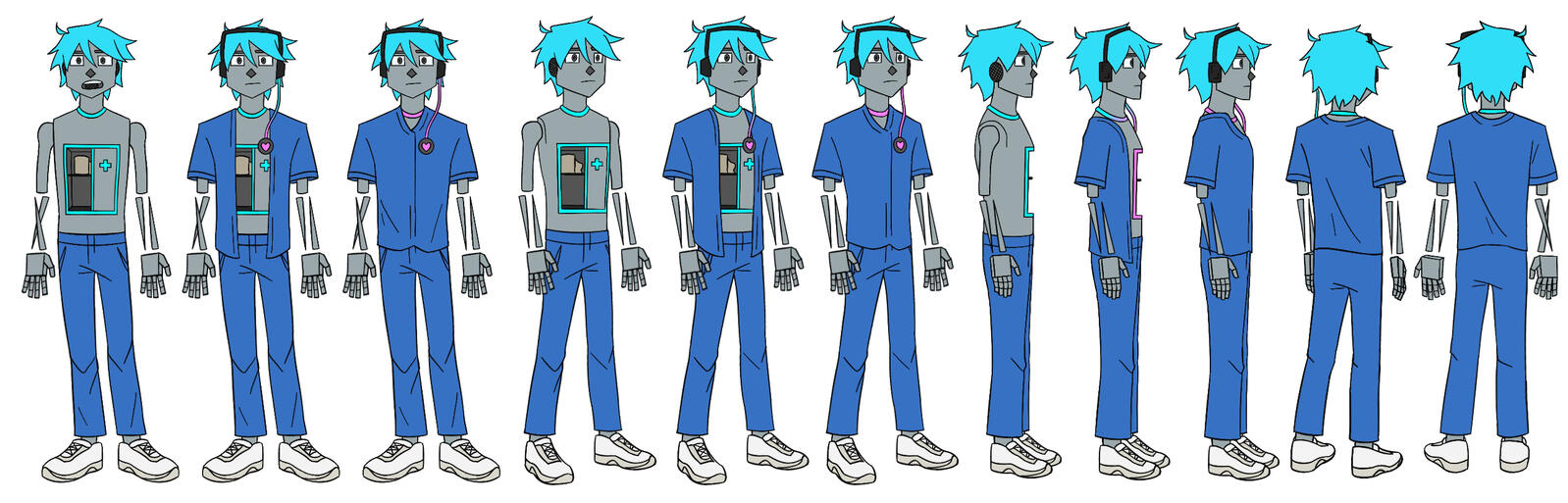 Turnarounds of an android in various states of undress. He has neon blue hair and blue scrubs, and white sneakers.