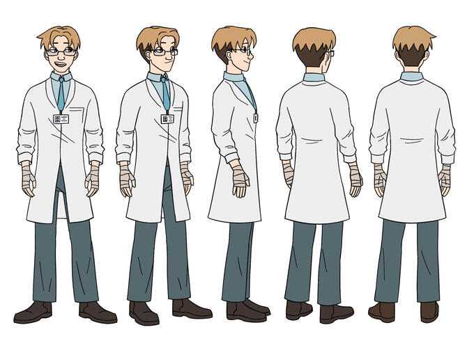 Turnarounds of a doctor with glasses, a bleached crop of hair, and a brown undercut. He's wearing a light blue tie and dress shirt under his doctor's coat, and also has bandages wrapping both of his hands.