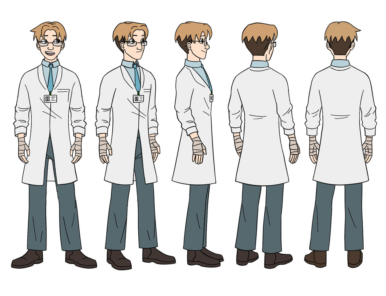 Doctor Turnarounds Turnarounds of a doctor with glasses, a bleached crop of hair, and a brown undercut. He's wearing a light blue tie and dress shirt under his doctor's coat, and also has bandages wrapping both of his hands.