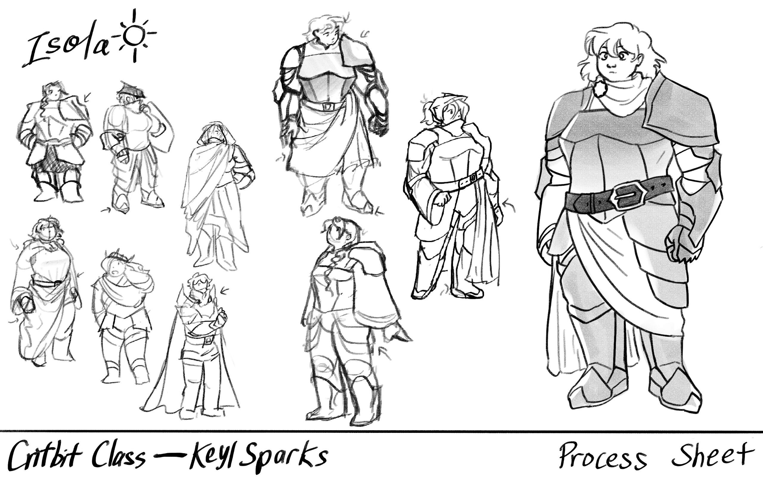 Isola Process Sheet Many iterations of a giant paladin white woman in armor and drapey clothes.