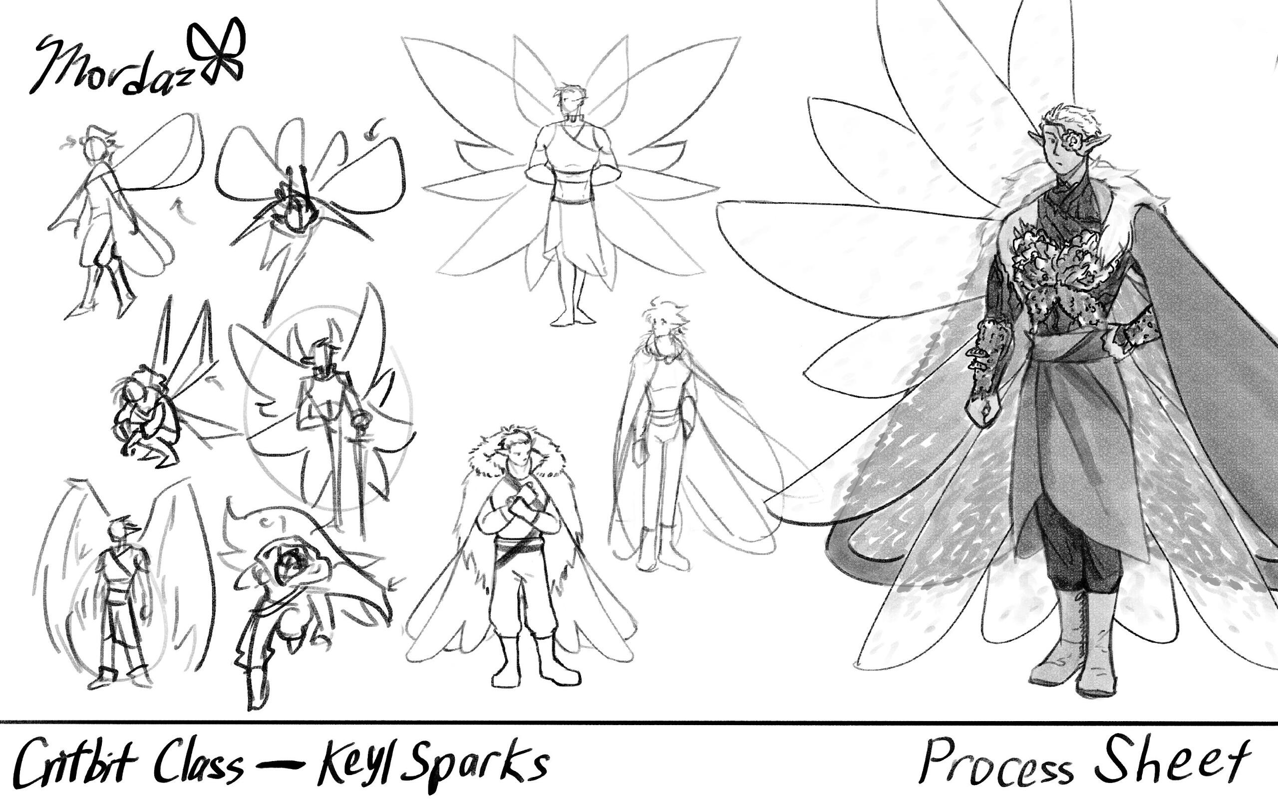 Mordaz Process Sheet Many iterations of a guardian fairy, with way too many wings. Has a marigold eyepatch.