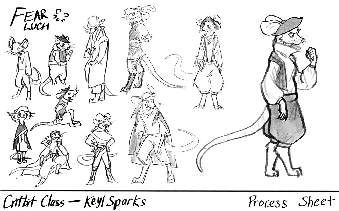 Many iterations of a swashbuckling Irish rogue... who is also a rat in a tricorn hat.