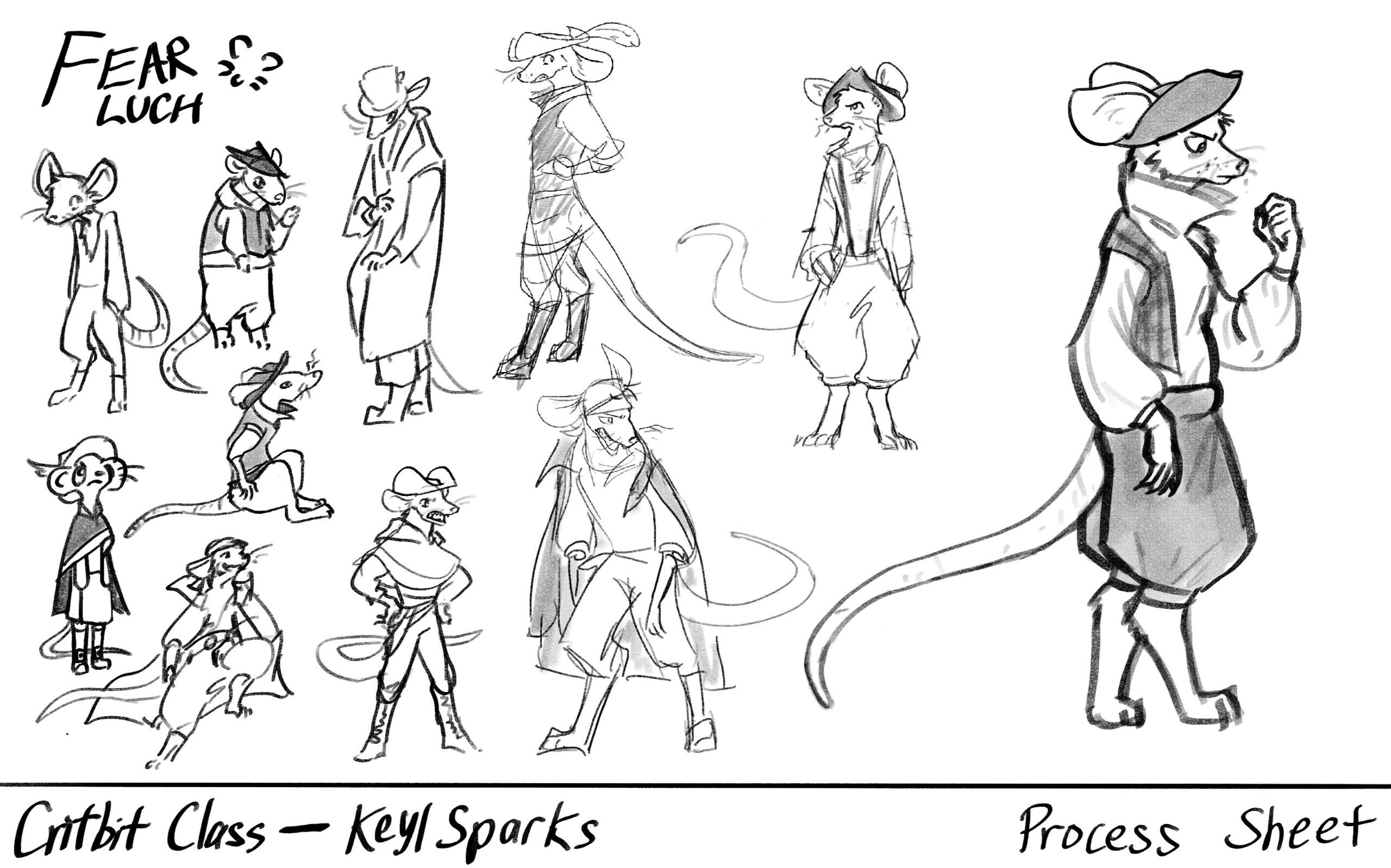 Fear Luch Process Sheet Many iterations of a swashbuckling Irish rogue... who is also a rat in a tricorn hat.