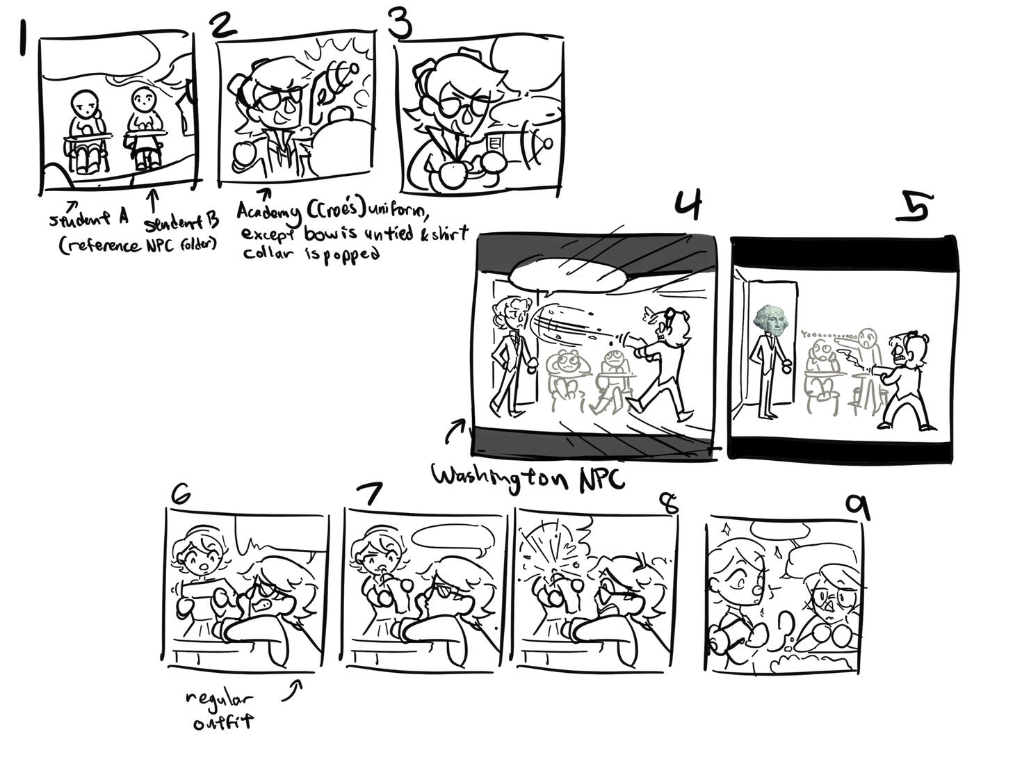 Sketches for a comic about a professor who uses an artificed gun during class, turning another professor handsome. When her friend tries to use it later, she's just as pretty as she was before.