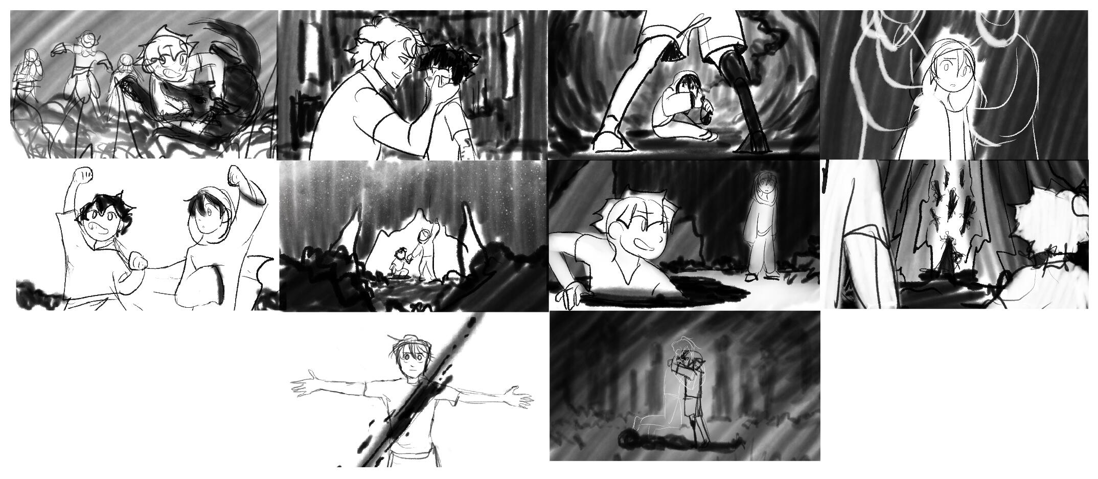 Black and white sketches telling the story of how two characters meet, and how one loses his life to protect the other.