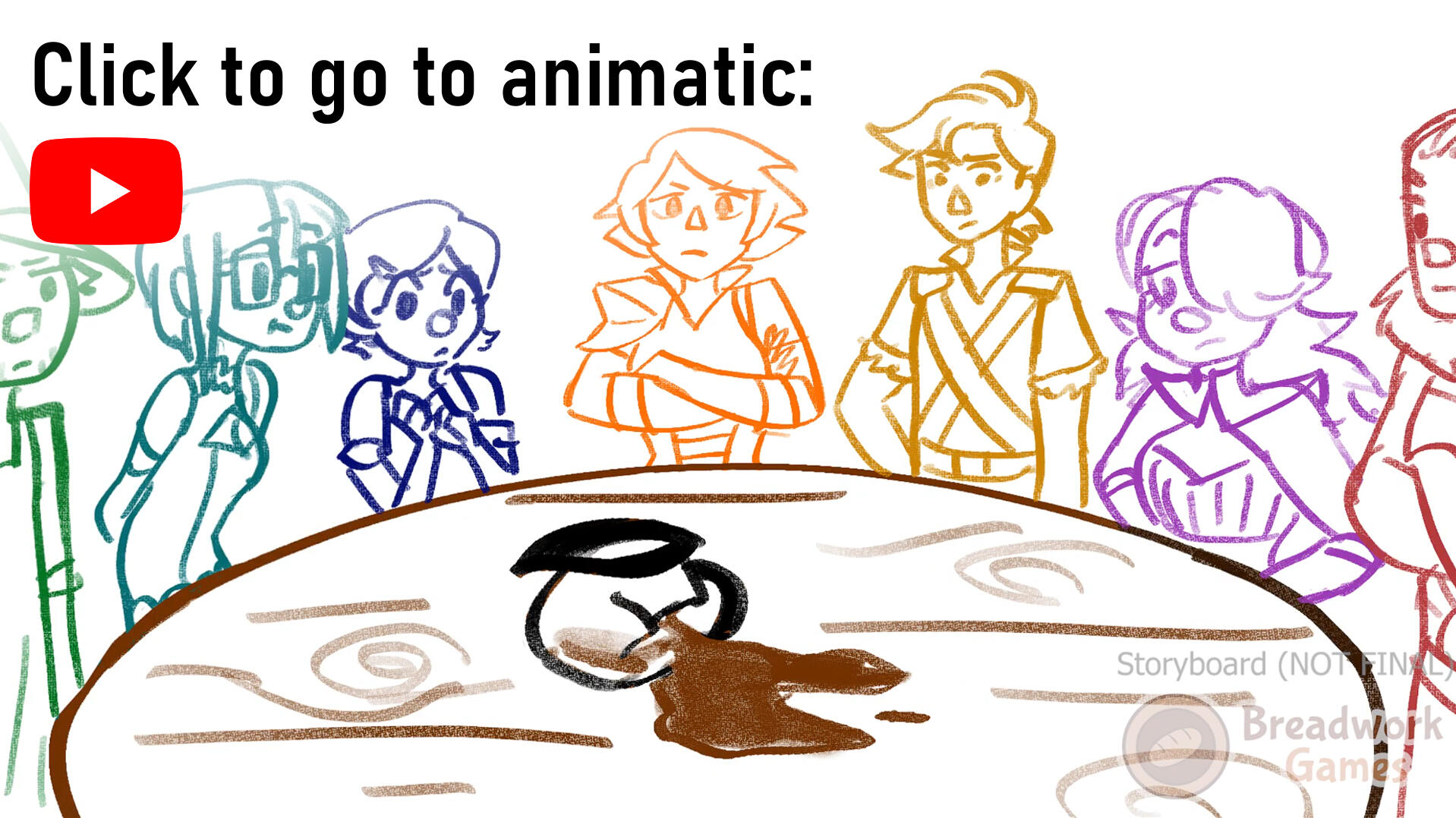 Many characters in fantasy garb stand around a table with a broken coffee pot.