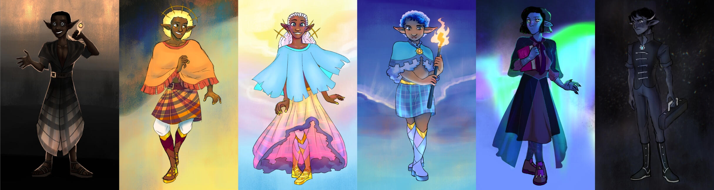 A variety of elf characters designed after states of the sky, including eclipse, dusk, dawn, blue morning, aurora lights, and starry night.