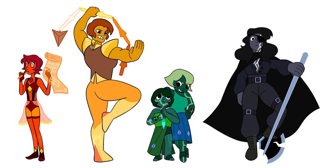 Original characters in the style of the Steven Universe show: a Scarlet Pearl, a fighting Topaz, two twin green gems, and an Obsidian with a big axe and an eyepatch over a lightning bolt scar.
