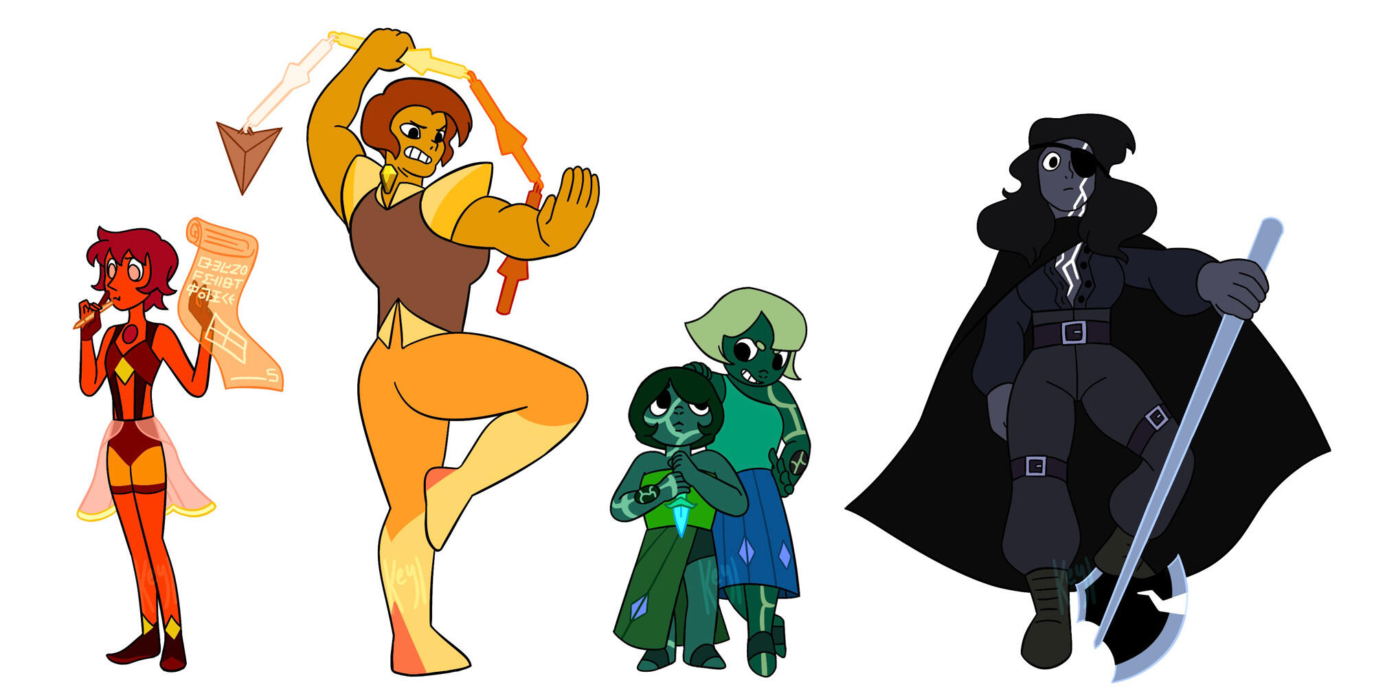 Original characters in the style of the Steven Universe show: a Scarlet Pearl, a fighting Topaz, two twin green gems, and an Obsidian with a big axe and an eyepatch over a lightning bolt scar.